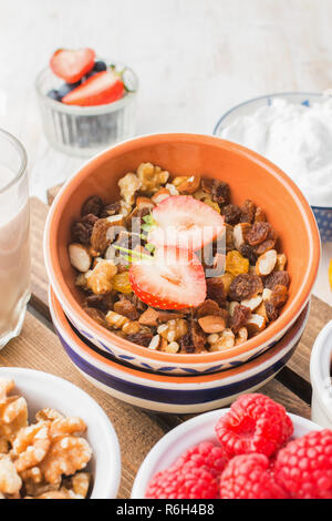 Gesunde paleo Glutenfrei Mutter und Früchte Müsli mit Früchten und Beeren, Mutter Milch, Kokosnuss Joghurt serviert, selektiver Fokus Stockfoto
