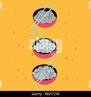 Hand gezeichnet Nudeln Schüssel set Asiatische Küche banner Vector Illustration Stock Vektor
