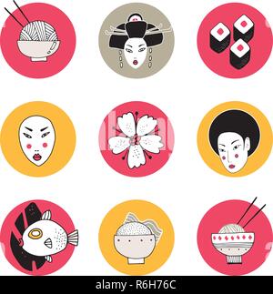 Hand in Japan und Asien Design gezeichnet Icons collection Vector Illustration Stock Vektor