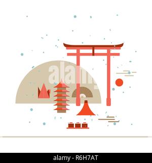Schönen Japan reisen Sehenswürdigkeiten Plakat mit Torii Berg Fuji Origami Vector Illustration Stock Vektor
