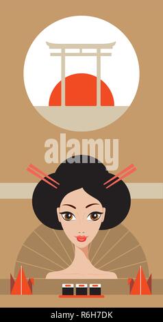 Schönen Japan Reisen Banner mit Geisha Sushi Origami und Torii-tor Vector Illustration Stock Vektor