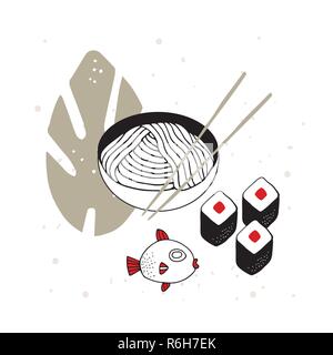 Hand gezeichnet Schüssel Nudeln mit Stäbchen Sushi Fisch asiatische Küche Vector Illustration Stock Vektor