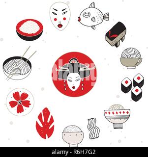 Hand in Japan und Asien design Elements Collection Vector Illustration gezeichnet Stock Vektor