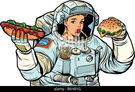 Frau Astronaut isst. Cola, Hot Dog und Burger fast food. Auf weissem Hintergrund isolieren. Pop Art retro Vektor Illustration kitsch Vintage Stock Vektor