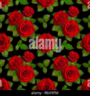 Nahtlose Hintergrund mit roten Rosen auf schwarzem Hintergrund. Stockfoto