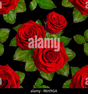 Nahtlose Hintergrund mit roten Rosen auf schwarzem Hintergrund. Stockfoto