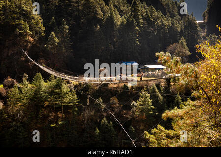 Nepal, Jorsale (Thumbug), Suspension Bridge zu Monjo über Dudh Khosi Fluss Stockfoto