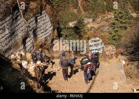 Nepal, Monju, (manjo) große geschnitzte Buddhistischen Mani Steine neben steilen gepflasterten Weg am nördlichen Ende des Dorfes Stockfoto