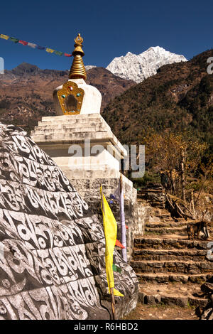 Np 805 Nepal, Benkar, große geschnitzte Buddhistischen mani Stein und weißen Chorten unter Mount Kusum Kangkaru Stockfoto