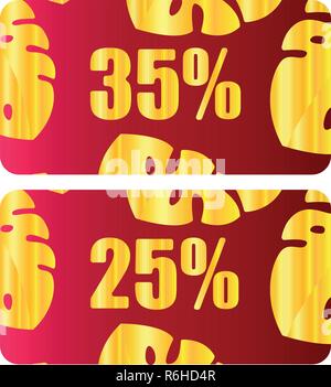Rabatt Coupon, Gutschein Vektor. Goldene Blätter Layoutvorlage mit roten Urlaub Bogen, abstrakte Weihnachten Blätter Hintergrund. Sparen Sie Geld, Tag 35, 25 aus. Promo Gutschein Design, Geschenkkarten Stock Vektor