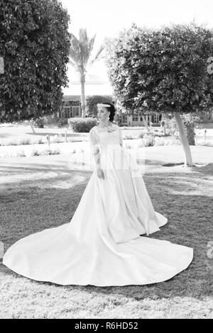 Kleid von Ihr Traum. Tipps und Tricks von Hochzeit im Ausland Experten. Sachen betrachten, Hochzeit im Ausland. Braut adorable White Wedding Dress sonnigen Tag Palm Tree Hintergrund. Hochzeit tropischen Insel. Stockfoto