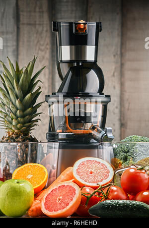 Langsam Entsafter mit biologischem Obst und Gemüse. Stockfoto