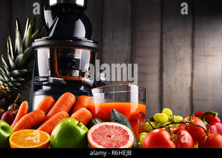 Langsam Entsafter mit biologischem Obst und Gemüse. Stockfoto