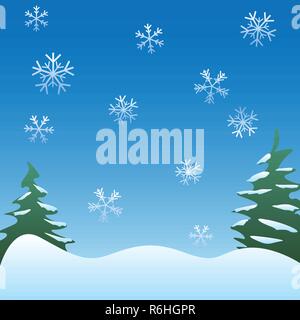 Friedliche Winterlandschaft Hintergrund mit Pinien, sanften Schneeflocken, und sanften Hügeln Vector Illustration Stock Vektor
