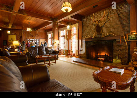 Lobby im Historischen Lake Quinault Lodge, Olympic Peninsula, Washington. Stockfoto