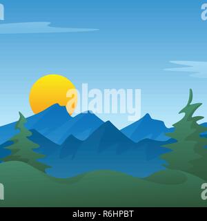 Friedliche Blue Mountain Landschaft Szene Hintergrund mit Pinien, Rolling Hills, Sonne oder Einstellung, Vector Illustration Stock Vektor