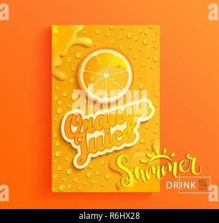 Frisch gepresster Orangensaft Banner mit Tropfen aus der Kondensation, Planschen und Obst Slice auf Gradienten heißen Sommer Hintergrund für Marke, Logo, Template, Label, Emblem, Store, Verpackung, werben. Vector Illustration Stock Vektor