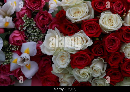 Riesige, wunderschöne Blumenstrauß aus den vielfarbigen Rosen und Blumen Stockfoto