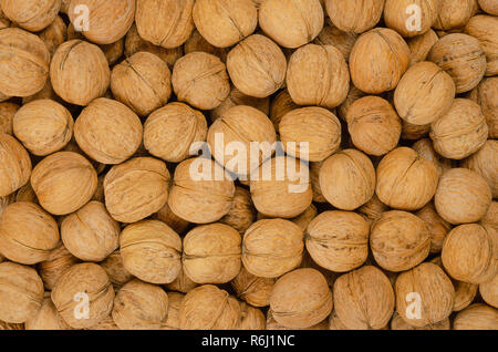 Walnüsse Hintergrund. Ohne Schale getrockneten Samen der gemeinsamen Walnussbaum Juglans regia. Stapel der ganzen Nüssen mit Muscheln, eingesetzt als Snack und zum Backen. Stockfoto