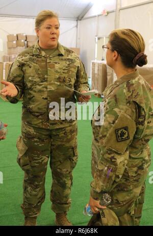 Major Heather L. Duff, der Olivenzweig, Frl., dem Familienleben Kaplan mit 184. Sustainment Command, Mississippi Army National Guard, bespricht die Predigt für die Gottesdienste mit einem Soldaten während der 155. gepanzerte Brigade Combat Team der National Training Center Rotation in Fort Irwin, Ca., 21. Mai 2017.     "Ich denke, die Gottesdienste der Soldaten, motiviert", sagte Kaplan Duff. "Viel an die Zeit erinnern Gottesdienste die Soldaten ihrer Kirche nach Hause und sie aufgreifen, Bräuche, die in ihnen eingeflößt wurde." "     Eine NTC-Rotation spiegelt die harte, realistische Traktor Stockfoto