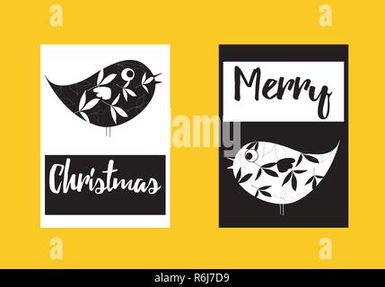 Frohe Weihnachten Vögel schwarz und weiß Vektor Karte Stock Vektor