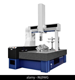 Die Koordinatenmesstechnik CMM Maschine isoliert auf einem weißen Hintergrund. Reparatur Motor block mit Zylindern, Operator Inspektion dimension Aluminium automot Stockfoto