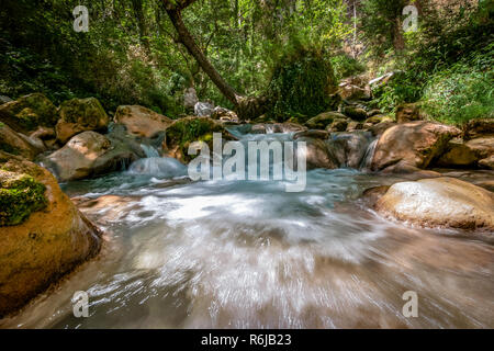 Foto vom Berg River, der in der Regel in Bergen läuft, in engen, tiefen Tal mit steilen Ufern, felsigen Bachbett, und die kumulierten Gesteinsschutt. Moun Stockfoto