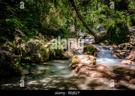 Foto vom Berg River, der in der Regel in Bergen läuft, in engen, tiefen Tal mit steilen Ufern, felsigen Bachbett, und die kumulierten Gesteinsschutt. Moun Stockfoto