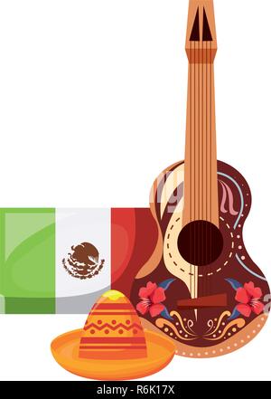 Gitarre hat und Flag mexikanischen Tag der Toten Vector Illustration Stock Vektor