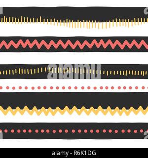 Die nahtlose Vektor Muster abstrakte horizontale Linien, zickzack, Punkte, streifen. Rote und gelbe Gekritzel auf schwarzen und weißen Hintergrund. Textur für Kinder, Kinder Einrichtung, Webbanner, Stoff, Seite füllen Stock Vektor