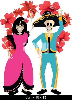 Skelett Catrina und Blumen Tag der Toten Vector Illustration Stock Vektor