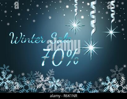 Elegante Silber winter Schriftzug design Winter Verkauf 70 mit glänzend und hell Schneeflocken auf blauem Hintergrund. Stock Vektor