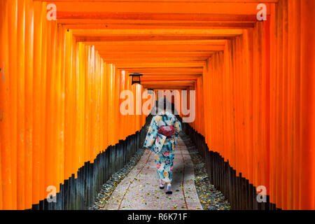 Geishas unter roten Holz- Tori Gate bei Fushimi Inari Schrein in Kyoto, Japan. Frau mit traditionellen japanischen kimono in Kyoto, Japan. Stockfoto