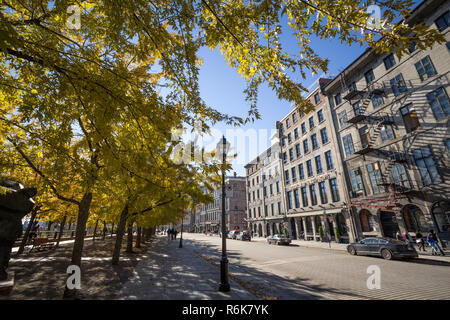 MONTREAL, KANADA - NOVEMBER 4, 2018: Blick auf die Altstadt von Montreal direkt am Meer, oder Vieux Montreal, Quebec, im Herbst, mit seinen Yello Blätter Bäume und Stein bu Stockfoto