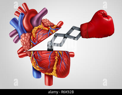 Menschliche Herz stärke als offene Herz-kreislauf-Orgel mit einem Körner als Symbol für den Kampf der Kardiologie in Verbindung stehende Krankheit. Stockfoto