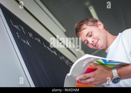Hübsche Studentin eine mathematisches Problem zu lösen, während der Math-Klasse vor der Tafel/Tafel (getönten Farbbild) Stockfoto