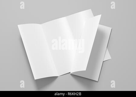Leer Etui Broschüre A4-Broschüre auf weißem Hintergrund mit Freistellungspfaden. Ein- und ausgeklappt. 3D-Darstellung Stockfoto