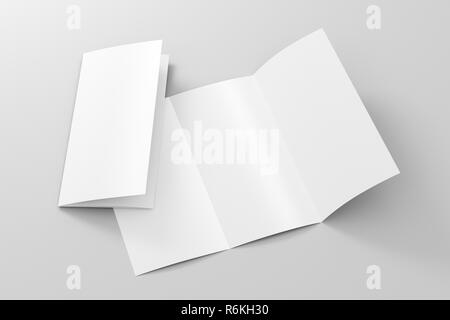 Leer Etui Broschüre A4-Broschüre auf weißem Hintergrund mit Freistellungspfaden. Ein- und ausgeklappt. 3D-Darstellung Stockfoto