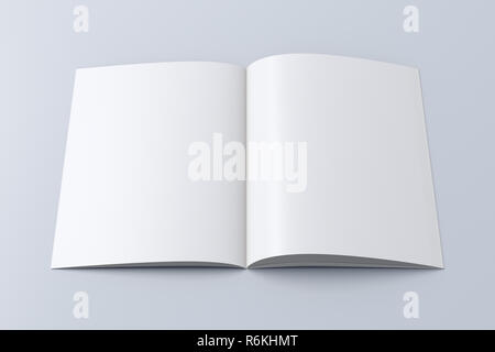 Leere Booklet auf weißem Hintergrund Öffnen mit Beschneidungspfad um Broschüre. 3D-Darstellung Stockfoto