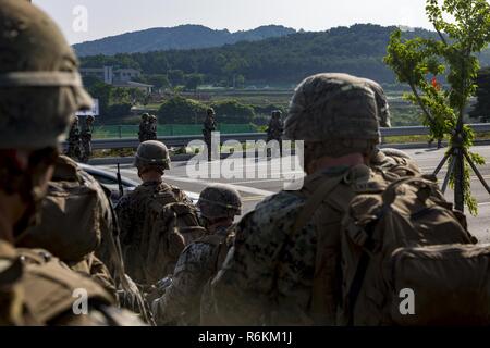 Us-Marines und Matrosen mit Indien Unternehmen, 3.BATAILLON, 8 Marines, freuen uns auf die 3. Marine Division eingesetzt, als Teil der Einheit Deployment Program, Beobachten, Republik Korea Marines Wandern auf Lager Mujuk, Südkorea. 29. Mai 2017. Dies ist das erste Mal, dass die meisten der Marines immer Republik Korea Marines gesehen haben. Stockfoto