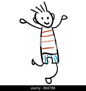 Junge in Shorts und ein T-Shirt springen. Stil der Kinder Zeichnung. Abbildung. Maßbild auf einem weißen Hintergrund. Stockfoto