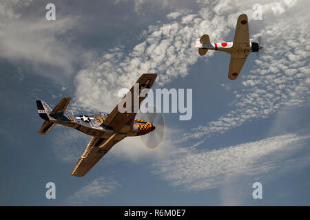 North American P51 Mustang und Mitsubishi A6M Zero Stockfoto