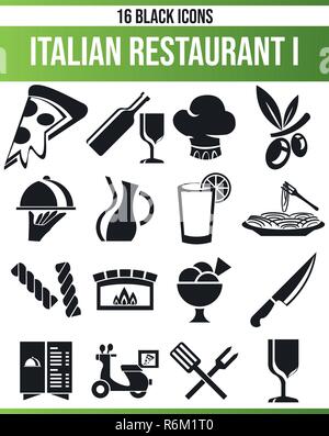 Schwarzen Symbole/Icons auf italienisches Essen. Dieses Icon Set ist perfekt für kreative Menschen und Designer, die Gegenstand von Italien in ihrem grafischen de benötigen Stock Vektor