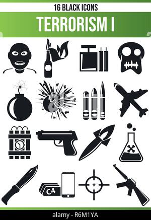 Schwarzen Symbole/Icons auf Kriminalität. Dieses Icon Set ist perfekt für kreative Menschen und Designer, die die Frage des Terrorismus in Ihrer grafischen Designs benötigen Stock Vektor