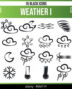 Schwarzen Symbole/Icons auf Wetter. Dieses Icon Set ist perfekt für kreative Menschen und Designer, die das Wetter Thema in ihren grafischen Designs benötigen. Stock Vektor
