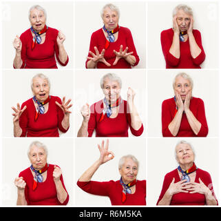 Die Collage aus verschiedenen Emotionen der älteren Frau Stockfoto