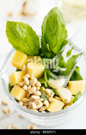 Zutaten für Basilikum Pesto Sauce mischen Blender bowl auf weißem Hintergrund, vertikale Zusammensetzung Stockfoto