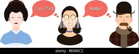 Internationale Kommunikation Übersetzung Konzept Abbildung. Touristen oder Geschäftsleute oder Politiker aus Japan und England durch ein Mädchen Geishas maiko Übersetzer kommunizieren. Stock Vektor