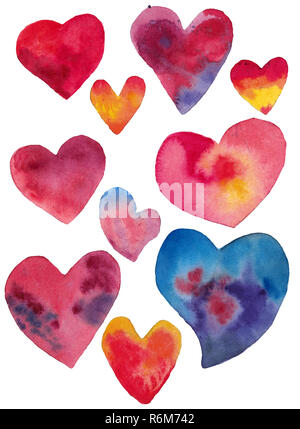 Aquarell nahtlose Muster von Hand gezeichnet rot orange blau Herzen. Design für wrappind Papper, Postkarten, valentines Karten, Hintergrund. Stockfoto