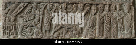 Wirksworth Stein, ein Beispiel für ein frühes Mittelalter (7-9 Jh.) Stein craving, die das Leben Christi, der Kirche St. Mary, Worksworth, England Stockfoto